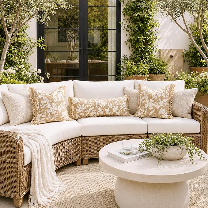 Long Lumbar Pillow Cover 14x36 Indoor Outdoor, Jute Inspired Floral Tufted Accent Oversize Throw Pillowcase for Patio Bed Bedroom, Cover Only