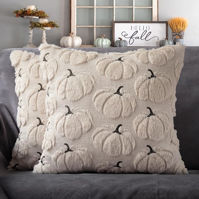 Fall Pumpkins Decorative Pillow Covers 16x16 Set of 2, Beige Soft Plush Faux Fur Wool Farmhouse Throw Cushion Cases for Autumn Thanksgiving Holiday Home Decorations