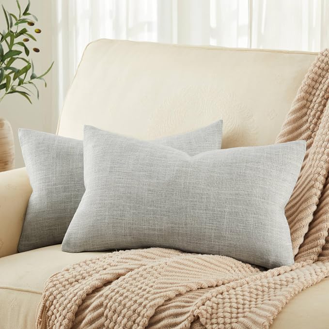 Rustic Linen Lumbar Pillow Covers Set of 2, Light Grey 12x20in | Textured Pillow Case, Rustic Cotton Linen Fabric, Modern Farmhouse Cushion Covers for Sofa Bed Living Room Home Decor