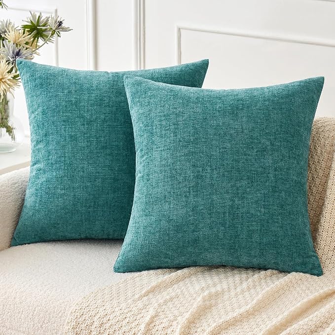 MIULEE Soft Chenille Throw Pillow Covers Teal 20x20 Inch Pack of 2 | Modern Home Decor, Classic Decorative Pillows, Solid Dyed Cases, Boho Couch Cushion Covers for Sofa Bed Living Room