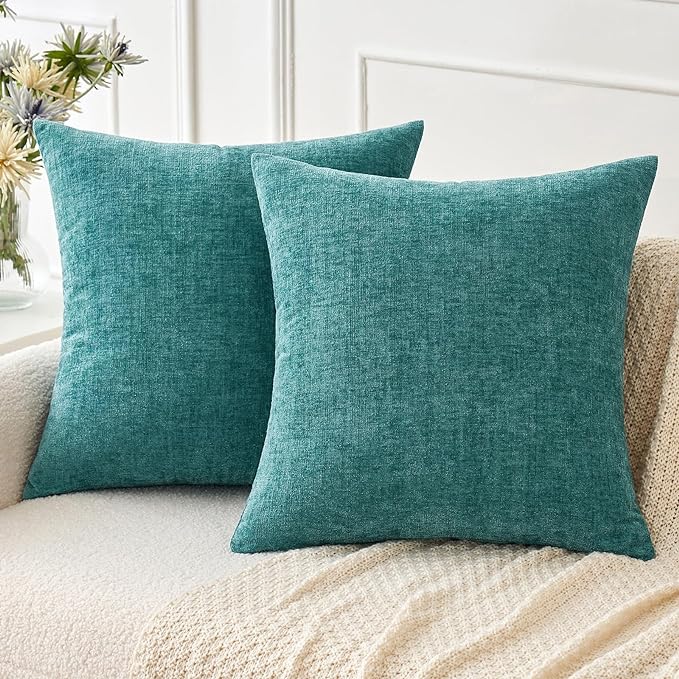 MIULEE Soft Chenille Euro Throw Pillow Covers Teal 24x24 Inch Pack of 2 | Modern Home Decor, Classic Decorative Pillows, Solid Dyed Cases, Boho Couch Cushion Covers for Sofa Bed Living Room