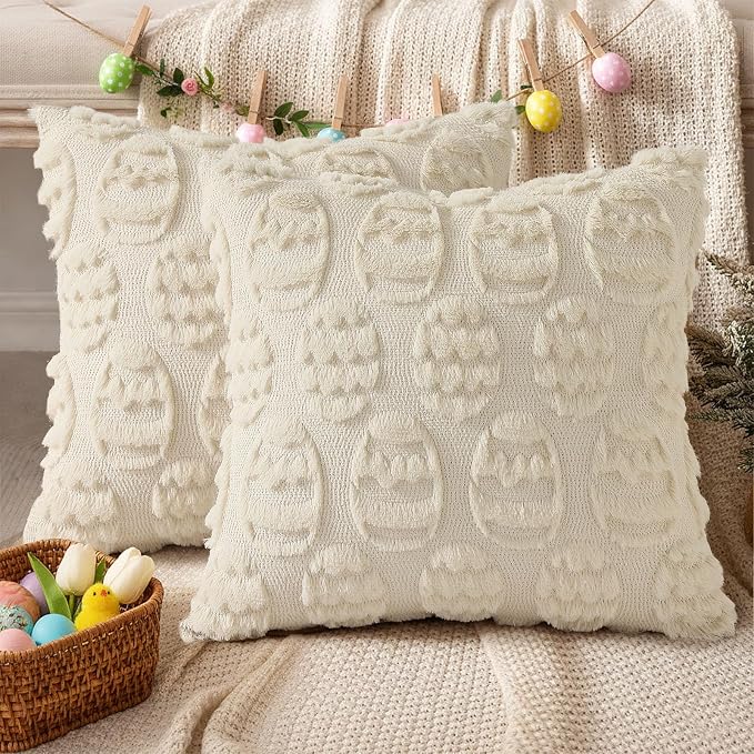 decorUhome Beige Faux Fur Egg Throw Pillow Covers 20x20 Set of 2 | Plush Soft Wool Jacquard Beige Cushion Covers, Modern Farmhouse Neutral Easter Holiday Decor Pillow Covers for Couch Sofa Bed
