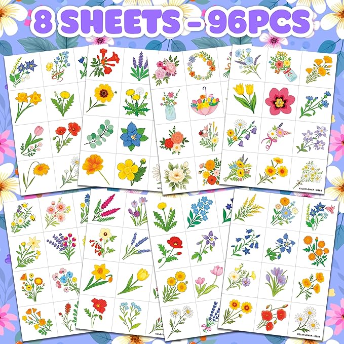 96 PCS Small Wildflower Pre-Cut Temporary Tattoos for Kids | Super Cute Floral Themed Birthday Party Favors, Supplies, Decorations, Fake Tattoo Stickers, School Rewards Prizes & Gifts for Boys Girls