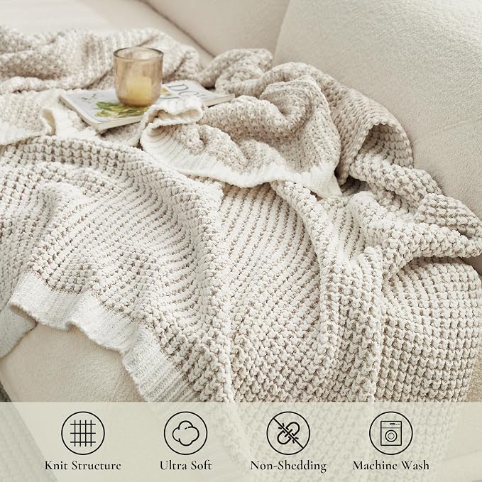 Knit Throw Blanket, Soft Chenille Cozy Breathable Pineapple Chunky Decorative Blanket for Couch, Bed & Sofa, French-Inspired Lightweight Warm Gift for Women, Beige, 50"x60"