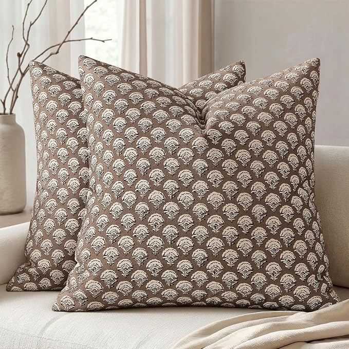MIULEE Fall Floral Print Decorative Pillow Covers 18x18, Chocolate Brown | Vintage Boho Farmhouse Modern Home Decor, Set of 2, Block Print Cushion Covers for Couch Sofa Bed Living Room