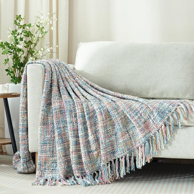 Multi-Color Cable Woven Throw Blanket for Couch - 60"X80" | Multicolored Boho Style,Super Soft Warm Cozy Chunky Blankets with Decorative Tassels for Bed and Sofa,Pink Blue