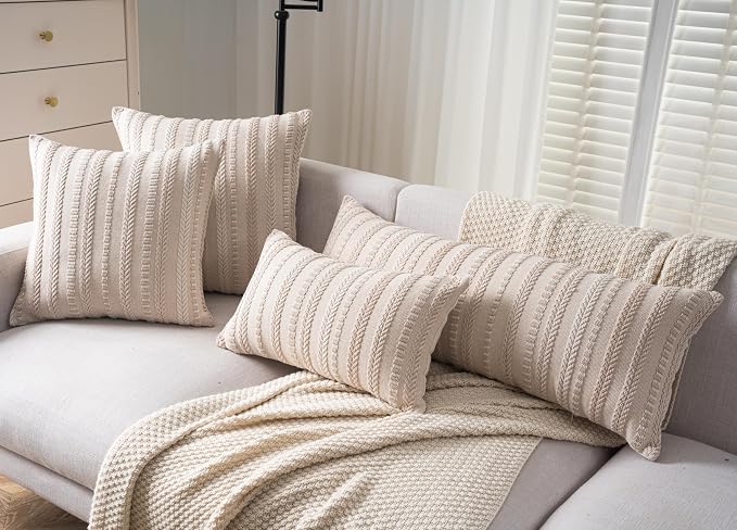 Cethom Boho Lumbar Pillow Covers 14x36 Long, Farmhouse Decorative Couch Pillow Cases, Beige Accent Pillows of Bed, Sofa Bedroom Living Room Home Decor Cushion Cover, Pack of 1
