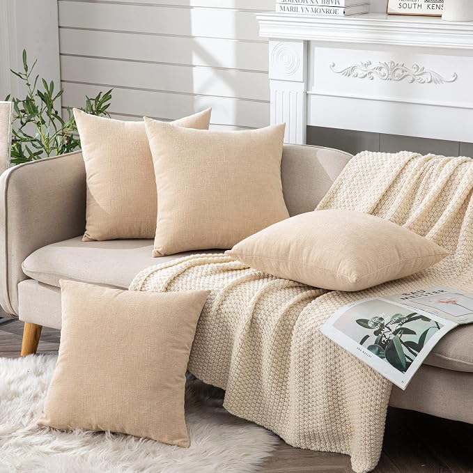 GAWAMAY Decorative Couch Throw Pillow Covers 18x18 Inch Set of 4 Beige | Soft Chenille Farmhouse Style, Hidden Zipper, Neutral Cushion Pillowcases for Sofa Living Room Bed, Only Covers