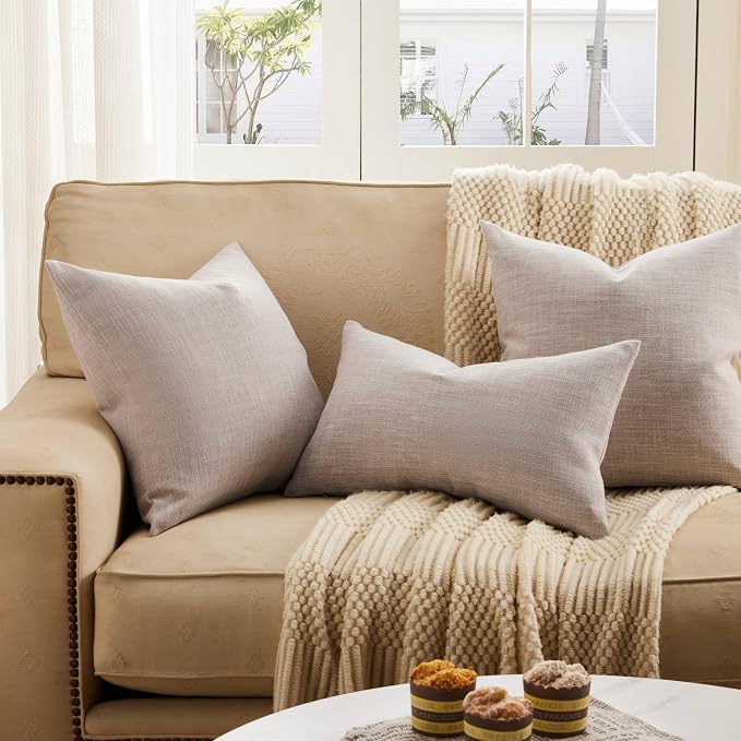 Rustic Linen Throw Pillow Covers Set of 2, Taupe 18x18in | Textured Pillow Case, Rustic Cotton Linen Fabric, Modern Farmhouse Cushion Covers for Sofa Bed Living Room Home Decor