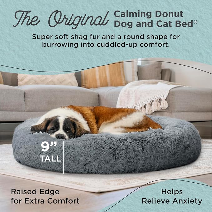 Best Friends by Sheri Original Calming Donut Dog Bed, Gray, XL, 45" | Machine-Washable Cover, Shag Faux Fur, Orthopedic Support, Sense of Security, Water-Resistant Base, XL Dogs Up to 150 lbs