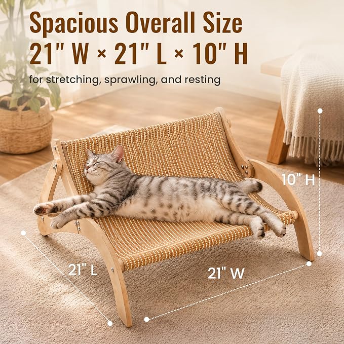 XL Sisal Cat Scratcher Bed for Large Cats|Stable Wood Cat Lounge|21x21x10 | No Cardboard Mess Woven Surface Furniture-Style Look Less Floor Clutter Daily Claw Care 2-in-1 Scratch & Rest