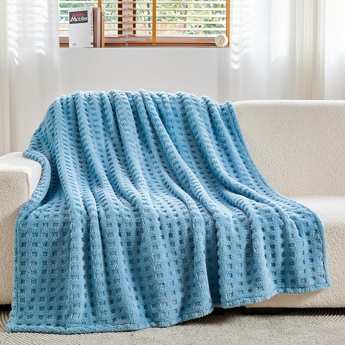 NEWCOSPLAY 3D Waffle Checkered Flannel Queen Blanket, Blue, 90"x90" | Super Soft Cute Lightweight Decorative Premium Silky Fleece Blanket for Couch Sofa Bed, Gift for Women Men, All Season Use