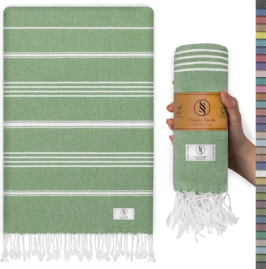 Ossano Turkish Beach Towel Absorbent & Quick Dry Oversized (39" x 71") - Decorative, Versatile and Functional as Yoga Mat, Picnic Blanket, Travel Blanket, Bath, Cruise, Gym Towel - Green