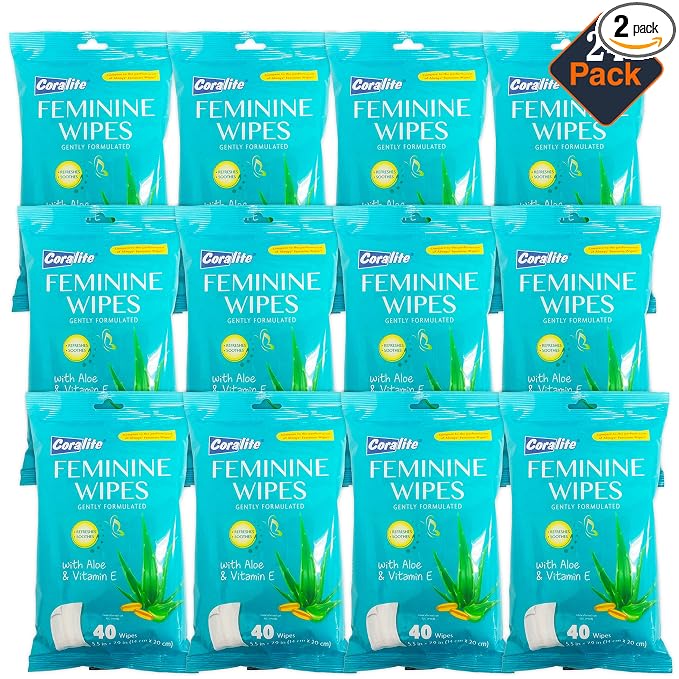 Coralite Feminine Wipes for Women - Feminine Hygiene and Body Wipes For Women with Aloe Vera and Vitamin E in a Resealable Pouch, 40 Cleansing Wipes Per Pack (24 Pack)