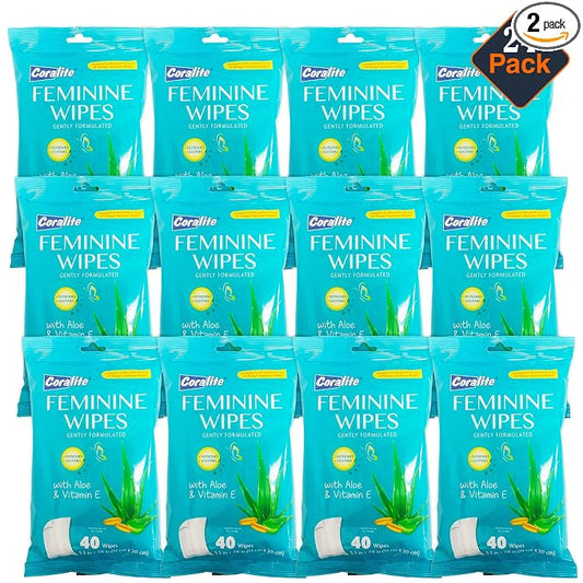 Coralite Feminine Wipes for Women - Feminine Hygiene and Body Wipes For Women with Aloe Vera and Vitamin E in a Resealable Pouch, 40 Cleansing Wipes Per Pack (24 Pack)