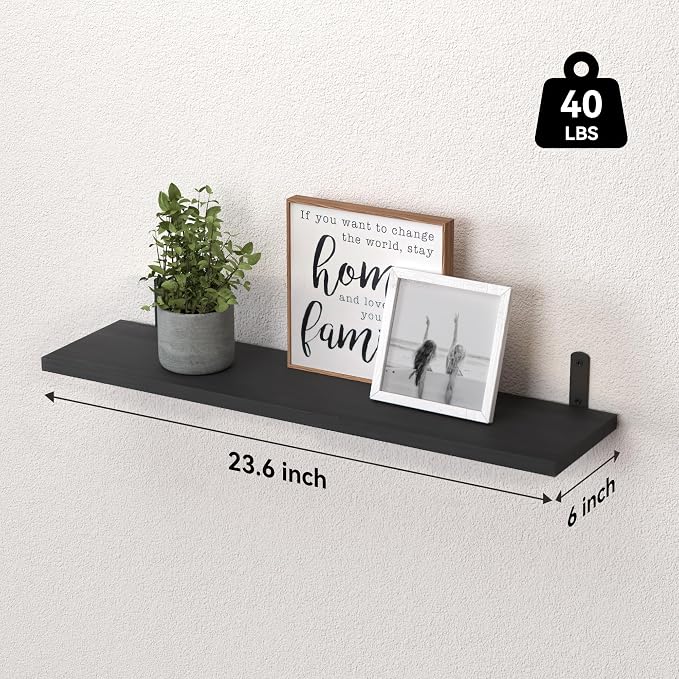Wood Floating Shelves Set of 6, 24 inch Long Floating Shelves for Wall Decor, Farmhouse Shelf for Bedroom, Bathroom Storage Shelves, Book Shelves for Living Room - Black
