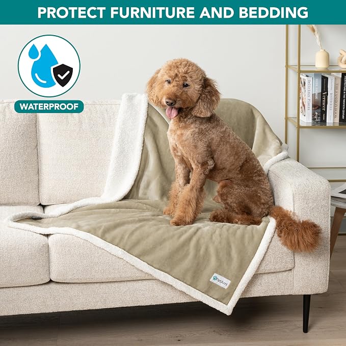 PetAmi Waterproof Dog Blanket for Medium Large Dog Pet, 60x40, Taupe | 460 GSM Sherpa Fleece Reversible, Pee Proof Cat Blanket, Furniture Protector Cover for Couch Bed Sofa Kennel, Washable, Large