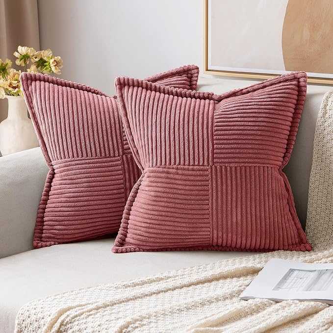 MIULEE Decorative Throw Pillow Covers for Couch 18x18 Inch Cranberry Red | Boho Broadside Striped Patchwork Pillow Covers, Soft Corduroy Cushion Cases, For Sofa Bed Livingroom Home Decor