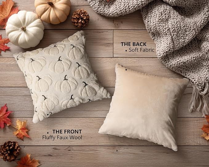 Fall Pumpkins Decorative Pillow Covers 16x16 Set of 2, Beige Soft Plush Faux Fur Wool Farmhouse Throw Cushion Cases for Autumn Thanksgiving Holiday Home Decorations