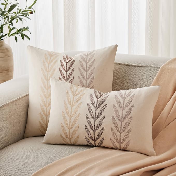 Farmhouse Leaves Throw Pillow Covers Set of 2, 20x20in Mixed Beige | 100% Organic Cotton, Rustic Accent Print Pillow Case, Pastoral Decorative Cushion Covers for Sofa Bed Living Room Home Decor