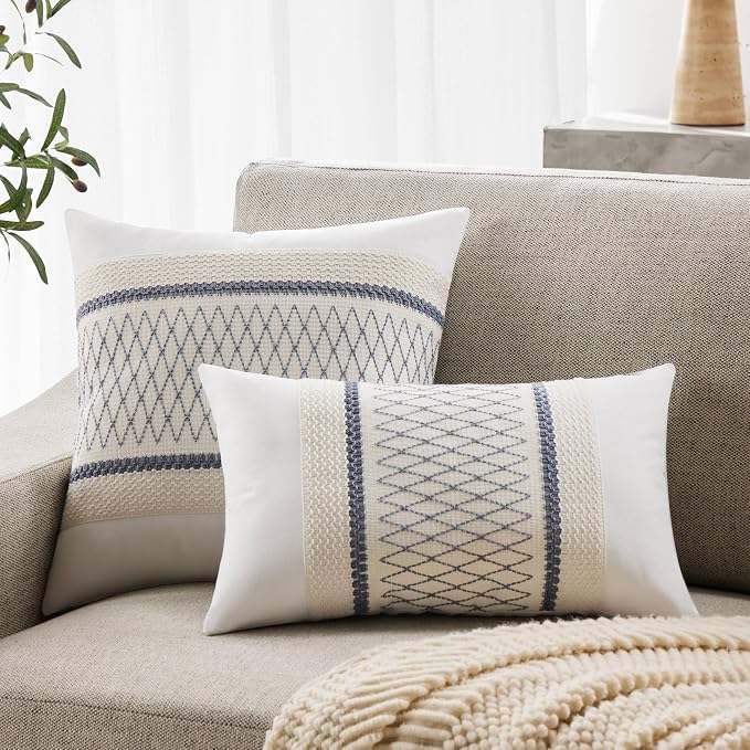 2pk Boho Pillow Covers 20x20, Natural White/Grid/Blue | 100% Organic Cotton Body, Stripe Embroidery, Farmhouse Decorative Cushion Covers for Sofa Bed Living Room Home Decor