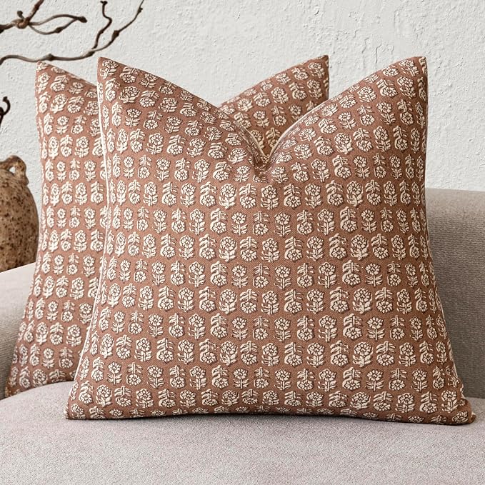 Foindtower Set of 2 Decorative Vintage Floral Print Throw Pillow Covers Neutral Farmhouse Cushion Covers Boho Home Decor for Sofa Couch Chair Bedroom Living Room,24×24 Inch,Light Orange Brown