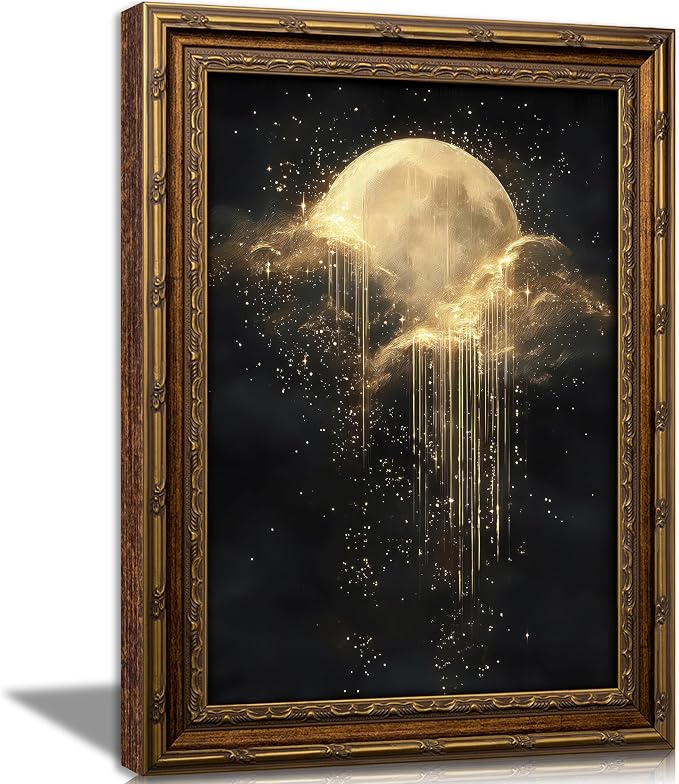 Vintage Gold Framed Golden Moon Celestial Wall Art,Moody Celestial Painting Canvas Print,Glittering Golden Rain & Sparkling Stars Wall Decor,Gothic Night Sky Stars Artwork,for Bedroom Living Room Bathroom