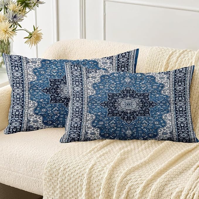 Boho Throw Pillow Covers 12x20 inch Set of 2,Soft Pillowcases Bohemia Carpet Printing Pattern Decorative Sofa Living Room Bed Rectangle Pillow Case Cushion Cover-Blue