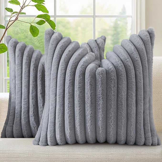 decorUhome Fall Faux Fur Throw Pillow Covers 20x20 Set of 2 Grey | Decorative Soft Cozy Striped Plush Modern Farmhouse Boho Couch Pillow Cases Velvet Back for Sofa Bed Living Room Home Decor
