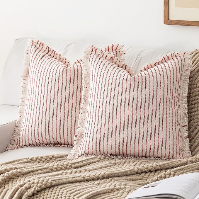 YEENAASY Throw Pillow Covers 22x22 Boho Striped Pillow Cases with Tassel | Set of 2 Fringe Pillow Cover Farmhouse Cushion Covers Neutral Pillows Decorative Square Pillowcase for Couch Sofa Bed, Red