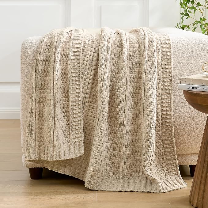 Chenille Throw Blanket for Couch, Soft Cozy Chunky Knit Blanket, Moss Stitch Throw for Sofa, Bed, Living Room, Lightweight Warm Home Decor, Beige 60"x80"