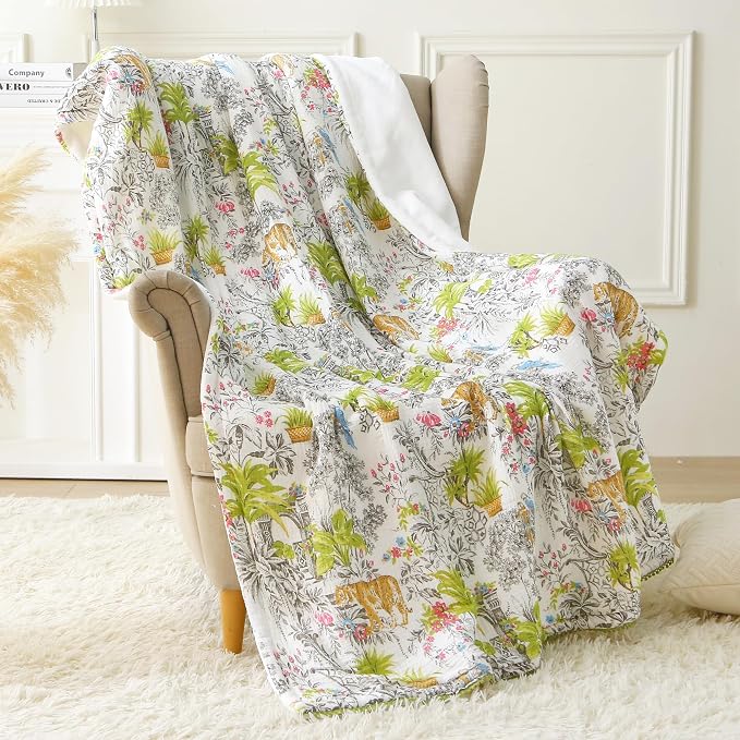 Viviland Cotton Blanket Muslin Blankets for Adult Reversible Flannel, Gifts for Women, Cozy and Soft for All Seasons, Home Decor Throw for Sofa, Chair, Tiger Yanina, 50x70 inches