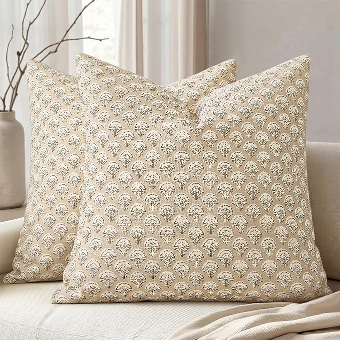 MIULEE Floral Print Decorative Euro Pillow Covers 22x22, Cream Oatmea | Vintage Boho Farmhouse Modern Home Decor, Set of 2, Block Print Cushion Covers for Couch Sofa Bed Living Room