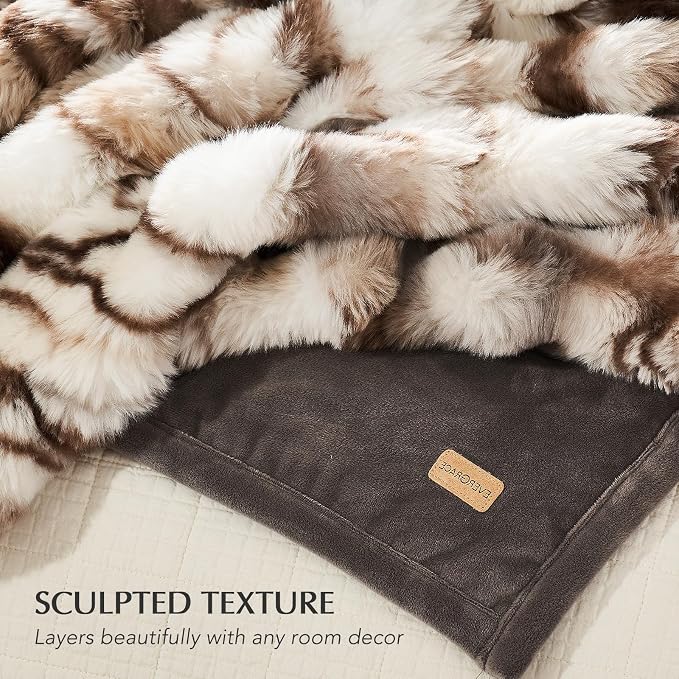 Faux Rabbit Fur Bubble Throw Blanket, 50"x60", Beige & Gray | Ultra Soft, Luxury Faux Rabbit Fur Throw, Thick Warm Bubble Blanket, Cozy Fluffy Reversible, for Bed, Couch, Chair, Sofa
