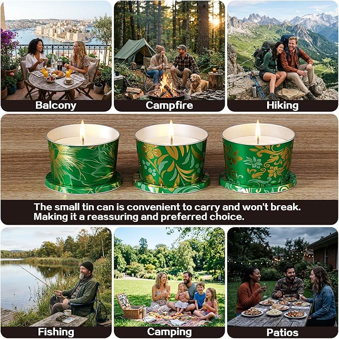 Citronella Candles Outdoor for Patio-3pcs Natural Soy Wax Portable Citronella Oil Candles in Decorative Tins, Long Lasting Summer Essentials for Camping, Backyard BBQ, Gardening & Outdoor Dining