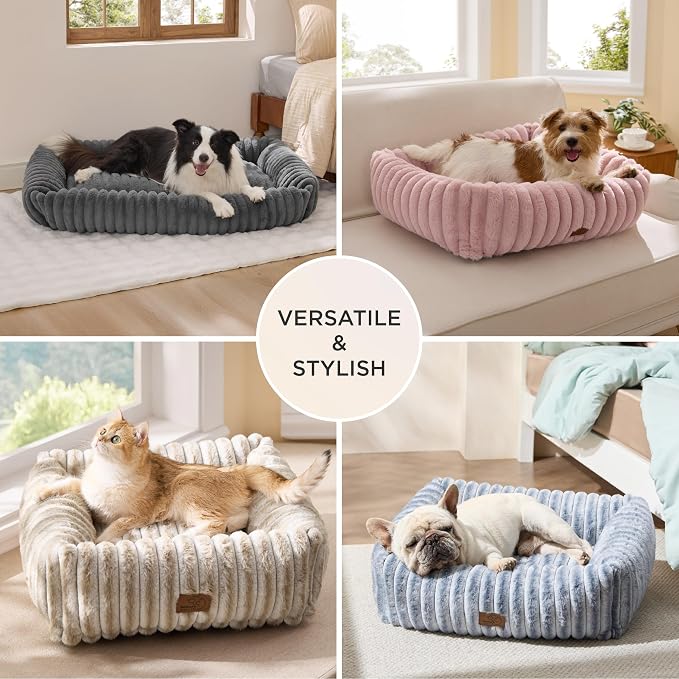 Bedsure ComfyFleece™ Cute Dog Bed Medium Large Size Dog，33in Sandy Beige | Furry Big Pet Beds,Washable Rectangle Orthopedic Corduroy Aesthetic,Removable Zipper Cover,Non-Slip Bottom,Up To 50 Lbs