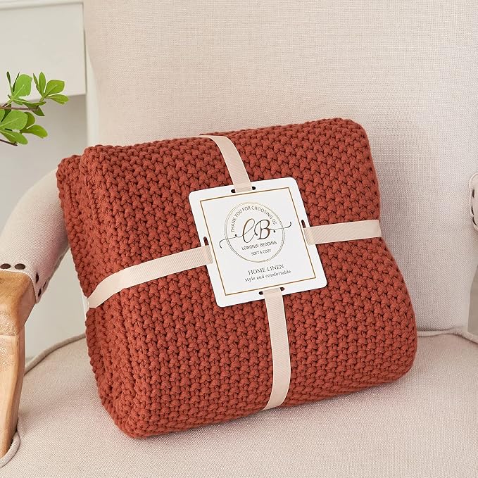 Chunky Cable Knit Throw Blanket Lightweight Rust 100% Organic Cotton Blanket for Sofa Couch Bed Baby Nursery, Rustic Shabby Chic Modern Farmhouse, 60” x 80” Give Laundering Bag