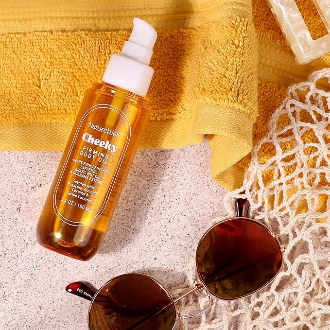 NATURE WELL Cheeky Firming Body Oil, Luxuriously Glowy & Fast-Absorbing Formula Designed to Nourish, Firm, & Visibly Smooth Skin, Scented with Pistachio, Almond, Coconut, & Salted Caramel, 3.4 Oz