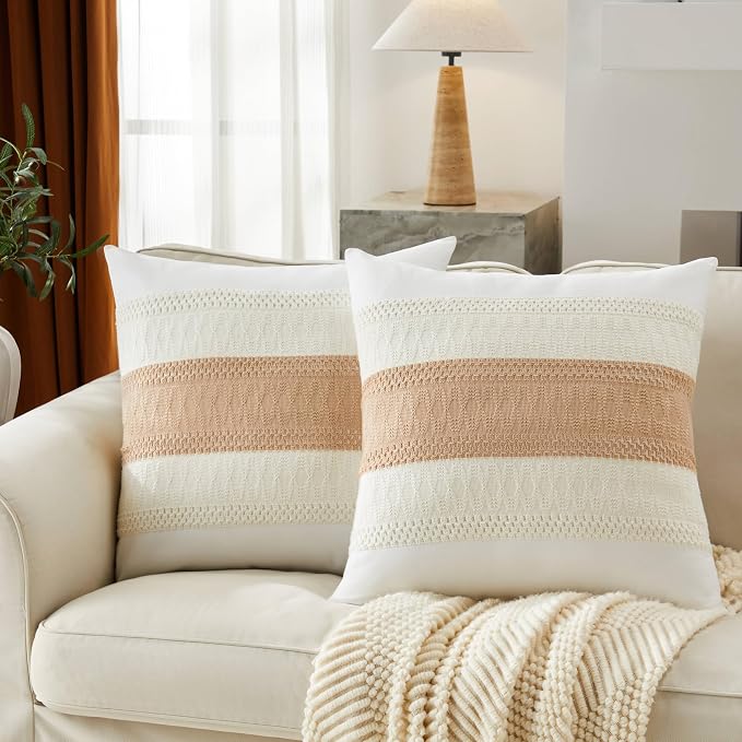 2pk Boho Pillow Covers 24x24, Natural White/Contrast/Beige | 100% Organic Cotton Body, Stripe Embroidery, Farmhouse Decorative Cushion Covers for Sofa Bed Living Room Home Decor