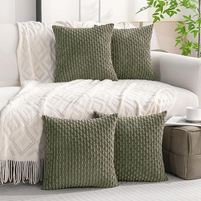 Set of 4 Olive Green Decorative Throw Pillow Covers 20x20 Inch Corduroy Pillow Covers for Bed Couch Sofa Living Room Soft Square Cushion Cases