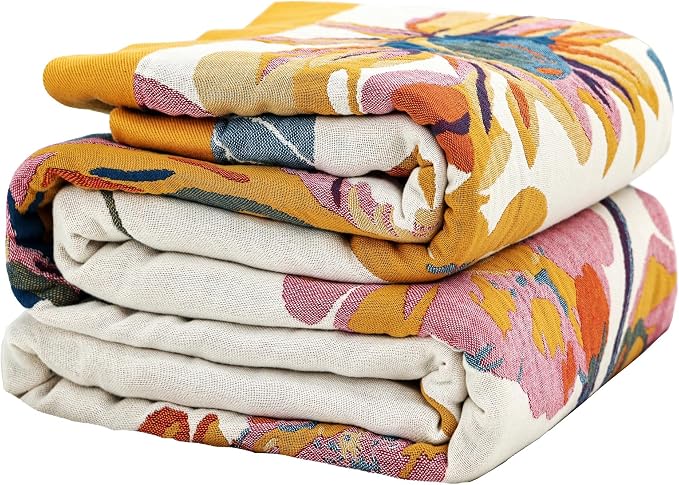 VANJOROY Boho Large Throw Blanket, 100% Organic Cotton Breathable Soft Bed King Throw - Fall Floral Bird Butterfly Farmhouse Decor Blanket for Sofa Couch Chair and Gift. 91" x 98"