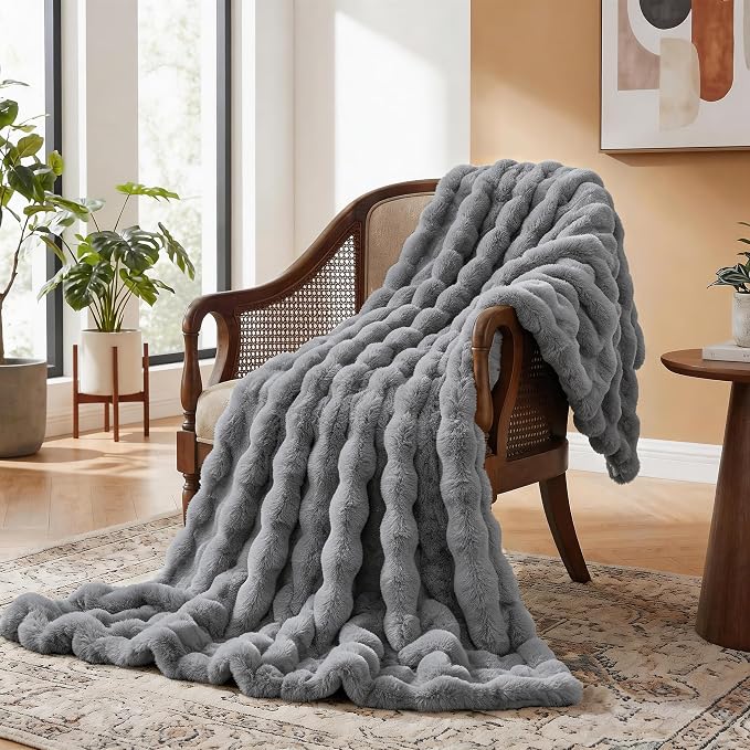 ORINOVA Grey Throw Blanket for Couch Soft Fuzzy Faux Fur Bubble Fluffy Plush Blankets for Women Sofa Accent Warm Cozy 50x60 Blanket for Living Room Bedroom Home Decor