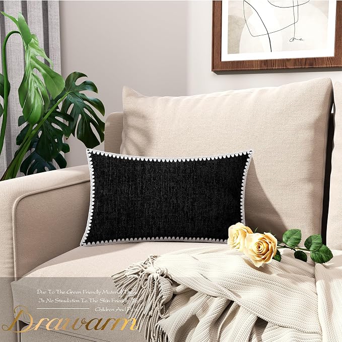 BRAWARM Chenille Throw Pillow Covers 12x20 Inches, Black, 2 Pack | Decorative Lumbar Pillow Covers with Shell Edge, Soft Cushion Cases for Sofa Bed Living Room Home Farmhouse (No Insert)