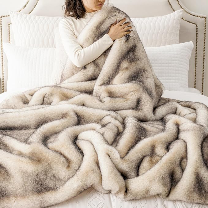 BATTILO Luxury Large Faux Fur Throw Blanket for Couch, 60"x80", Thick | Soft Cozy Mink Plush Warm Elegant Furry Fluffy Faux Fur Blanket for Bed, Sofa, Living Room, Long Pile with Black Tips