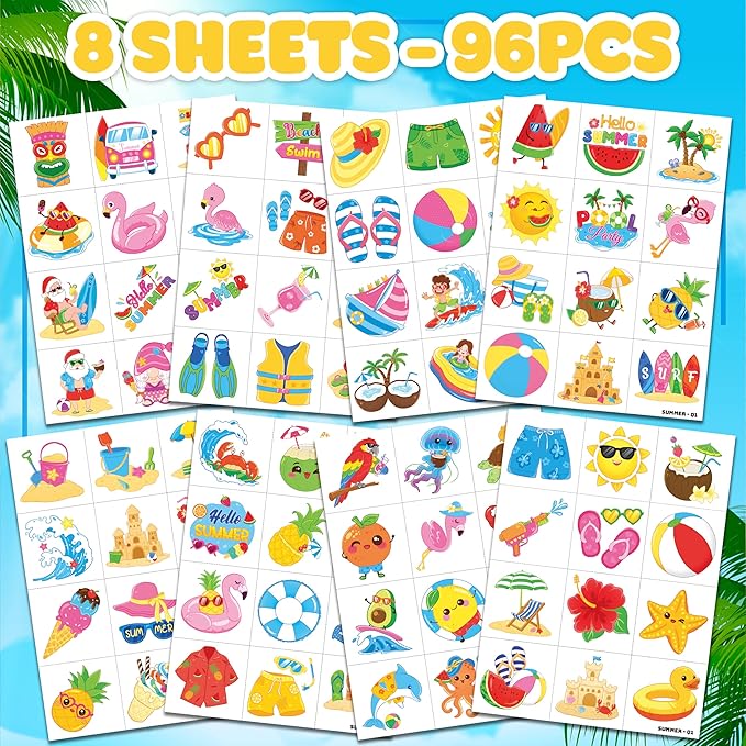 96 PCS Hello Summer Beach Pool Hawaiian Pre-Cut Temporary Tattoos for Kids | Super Cute Themed Birthday Party Favors, Supplies, Decorations, Fake Tattoo Stickers (Multiple)
