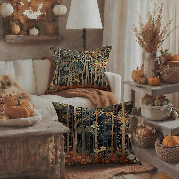 Rustic William Morris Inspired Autumn Forest Decor Throw Pillow Covers 18x18 Set of 2, Vintage Botanical Nature Decorative Throw Pillow Covers for Home Bedroom Living Room,Fall Home Room Decor