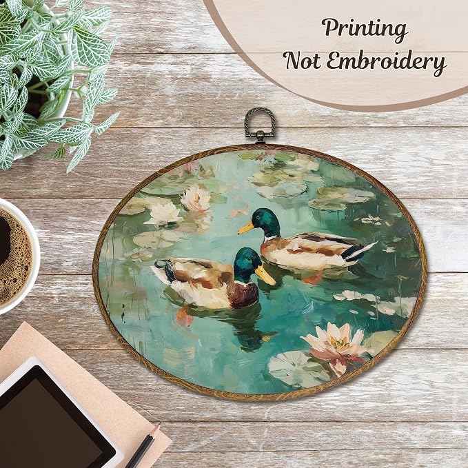 LKETW Vintage Mallard Duck Oval Wall Art Decor, Rustic Farmhouse Duck Oval Canvas Hanging Decor, Country Lakeside Floral Farm Animal Wall Decorations for Home Bedroom Living Room, 8.6x11.4 Inch