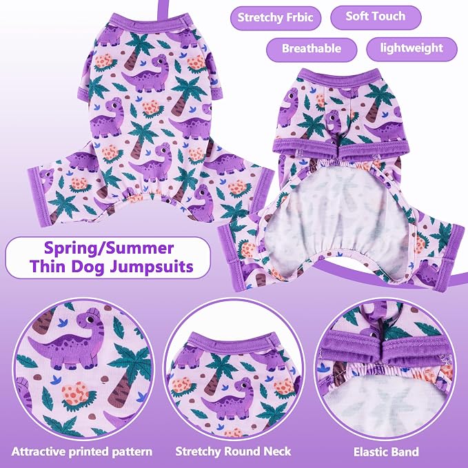 Dog Pajamas for Small Dogs Cute Print Dog Onesie Thin Dog Clothes for Spring Summer Comfy & Elastic Puppy Pjs (Purple Dinosour, Large)