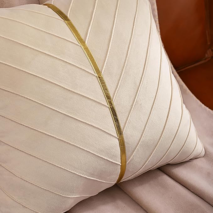 Velvet Throw Pillow Covers 20x20 inch Pack of 2 Gold Decor Cream | Soft Solid Pillow Covers,Modern Luxury Home Decor,for Couch Chair Sofa Bedroom Livingroom,Hidden Zipper,Ideal Gift,Easy Care