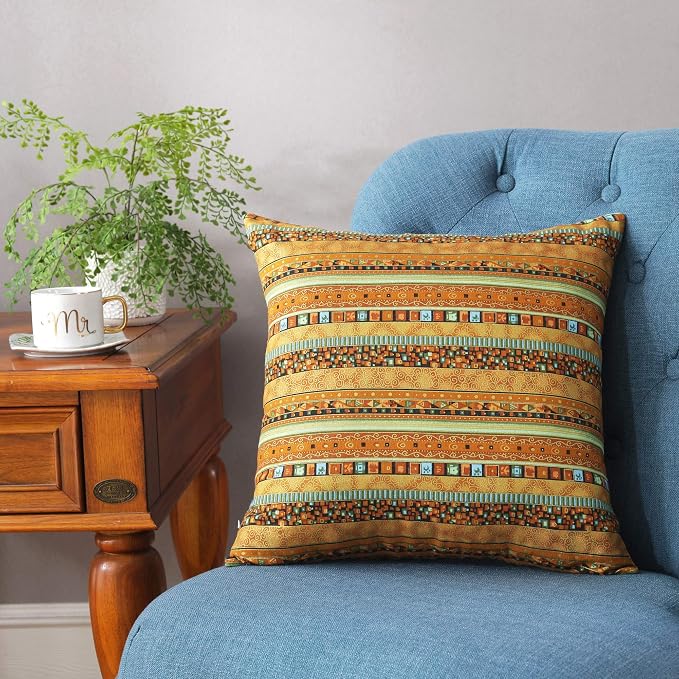 TAOSON Light Gold Stripe Bohemian Style Antique Cotton Blend Linen Sofa Throw Pillowcase Cushion Cover Pillow Cover with Hidden Zipper Closure Only Cover No Insert 18x18 Inch 45x45cm